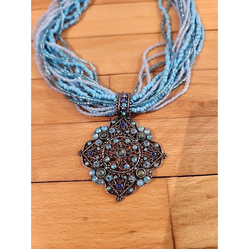 Vintage Collar Necklace Turquoise Bead Choker Y2K Teal Large Rhinestone Pendant - Picture 2 of 5